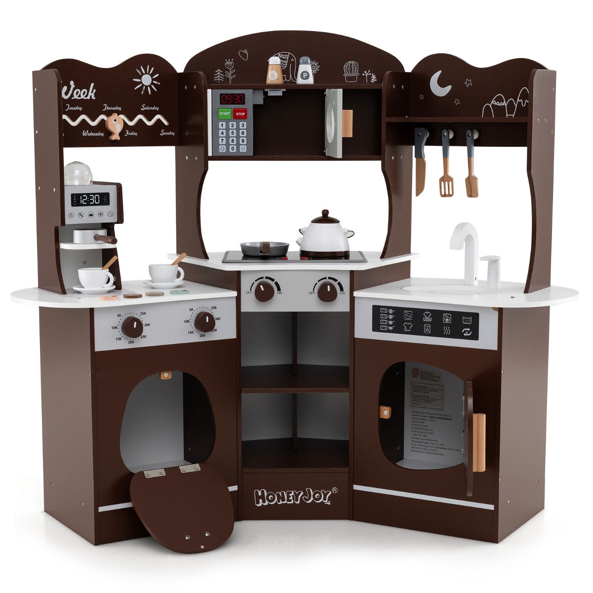 Costway Corner Wooden Play Kitchen with Lights Sounds and Accessories-Coffee