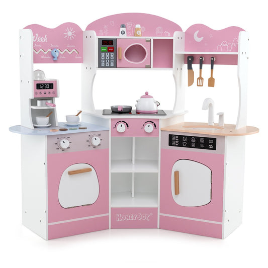 Costway Corner Wooden Play Kitchen with Lights Sounds and Accessories-Pink