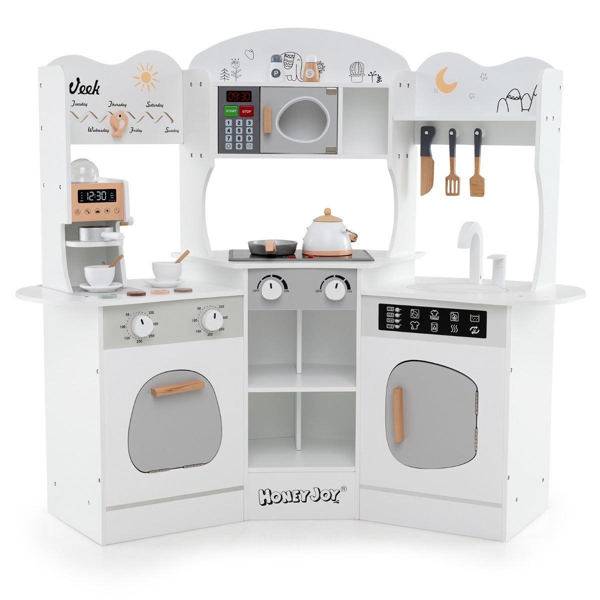 Costway Corner Wooden Play Kitchen with Lights Sounds and Accessories-White