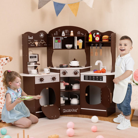 Corner Wooden Play Kitchen | Coffee Maker & Lights | Brown
