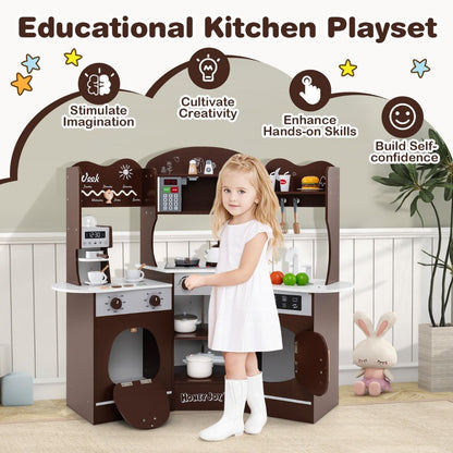 Corner Wooden Play Kitchen | Coffee Maker & Lights | Brown