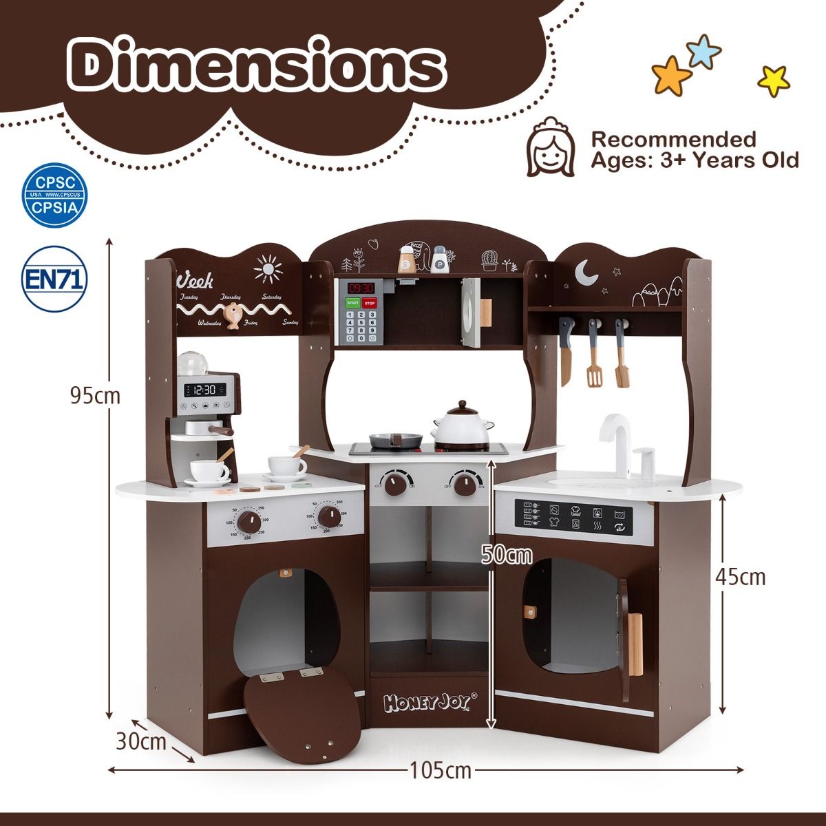 Corner Wooden Play Kitchen | Coffee Maker & Lights | Brown