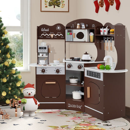Corner Wooden Play Kitchen | Coffee Maker & Lights | Brown