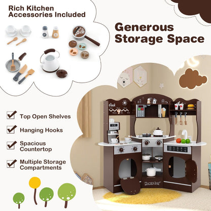 Corner Wooden Play Kitchen | Coffee Maker & Lights | Brown