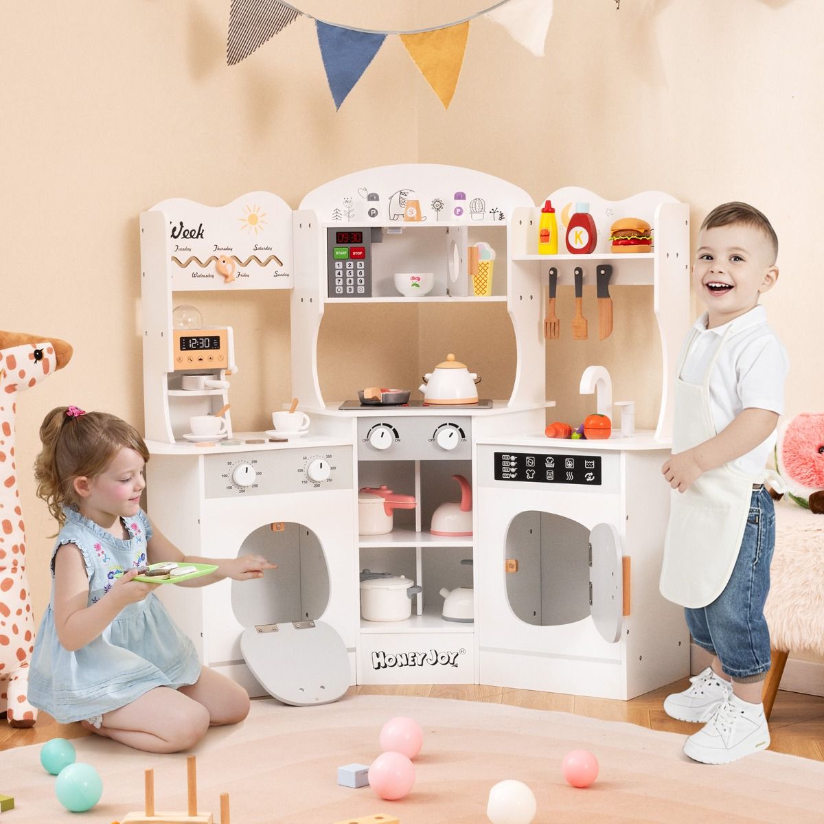 Corner Wooden Play Kitchen | Lights & Sounds | White