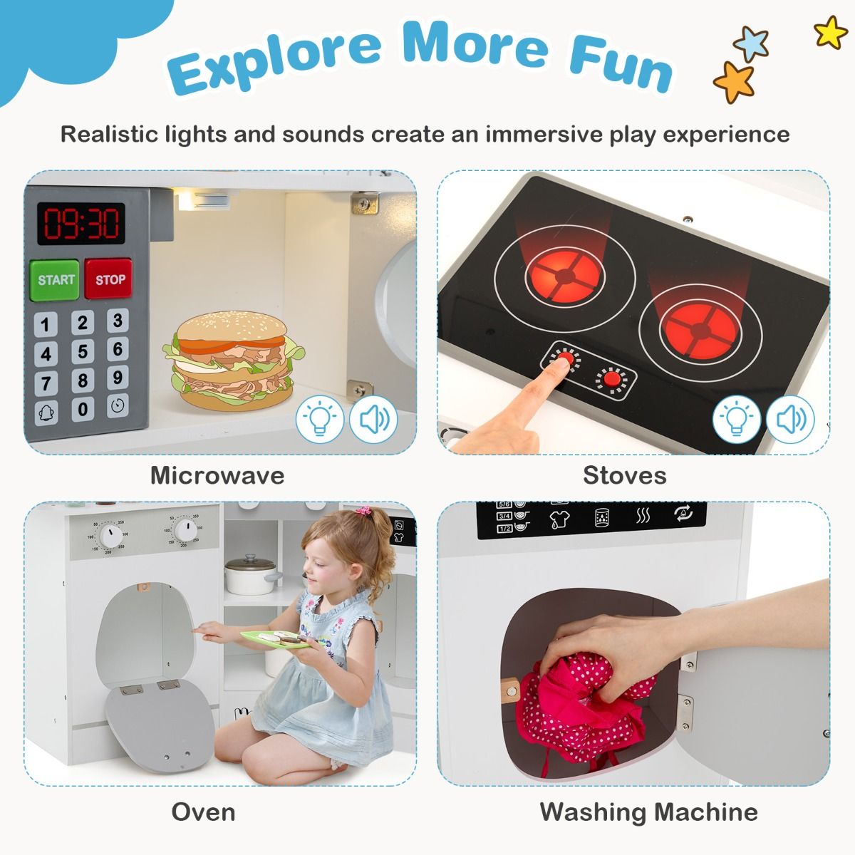 Corner Wooden Play Kitchen | Lights & Sounds | White