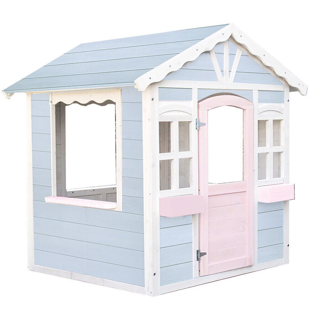 Cottage cubby house in blue, white, and pink - a whimsical play space for kids.