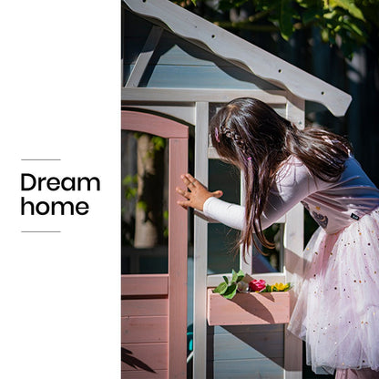 Charming Cottage Cubby House in Blue, White, and Pink for imaginative playtime fun.