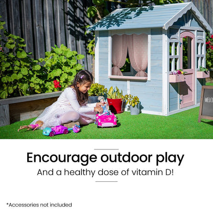 Colorful Cottage Cubby House in Blue, White, and Pink | Perfect backyard playhouse for kids.