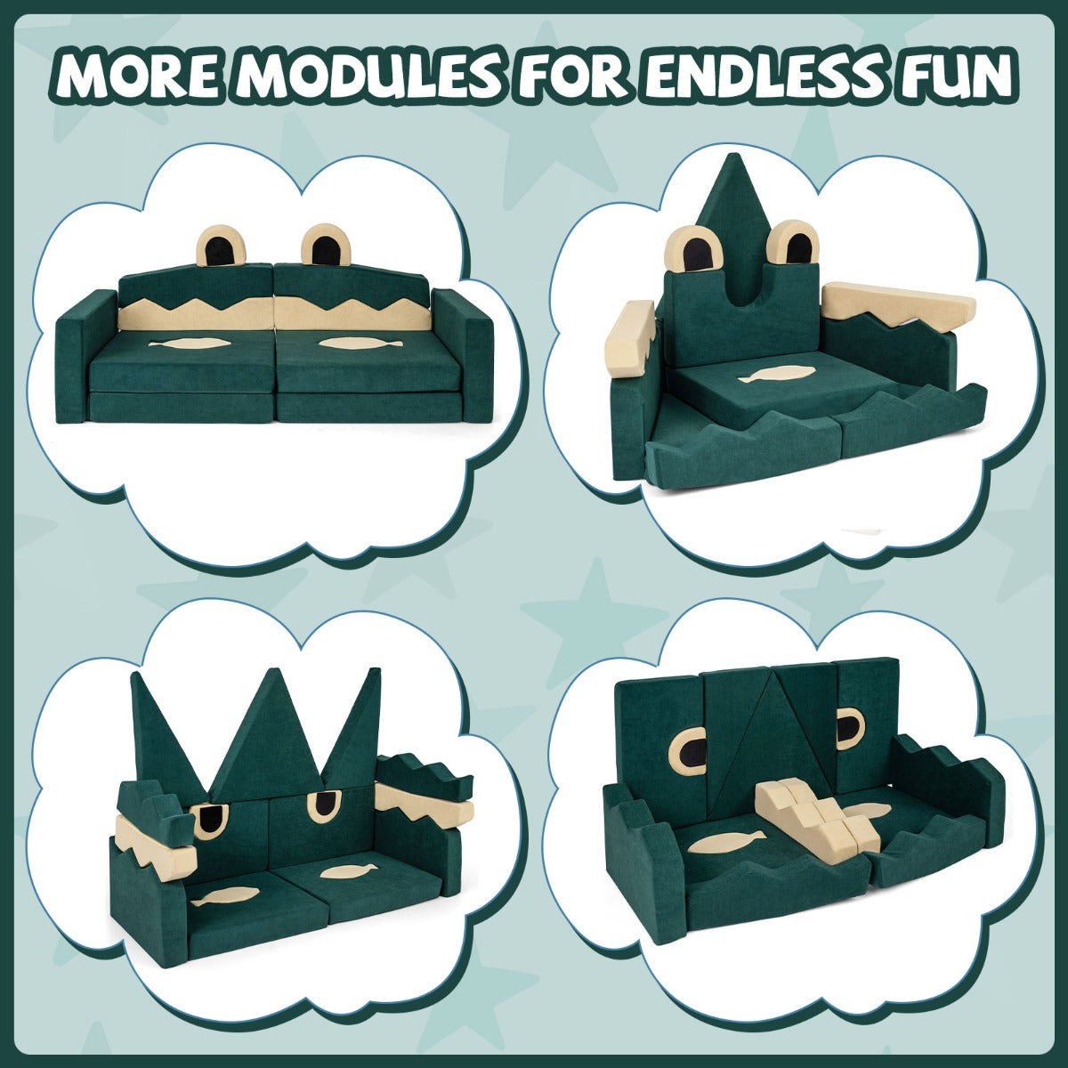 17 Piece Crocodile Green Modular Foam Couch | Kids Play Set