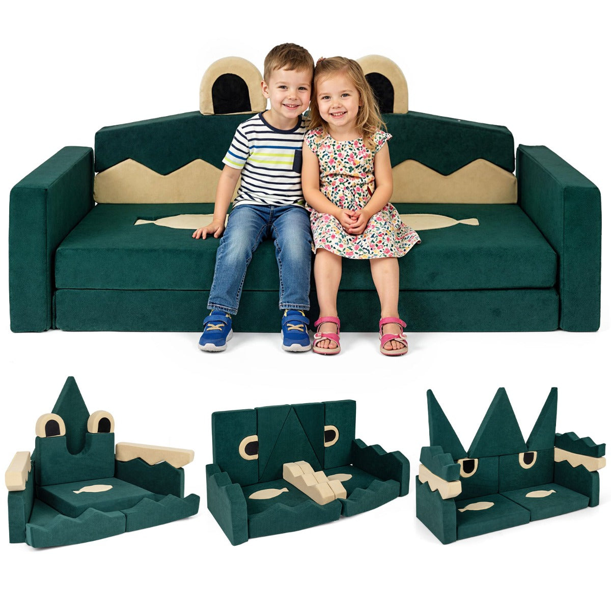 17 Piece Crocodile Green Modular Foam Couch | Kids Play Set