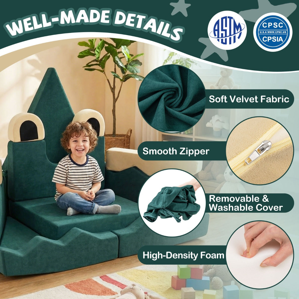 17 Piece Crocodile Green Modular Foam Couch | Kids Play Set