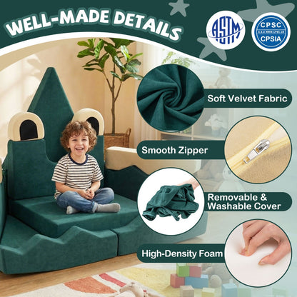 17 Piece Crocodile Green Modular Foam Couch | Kids Play Set