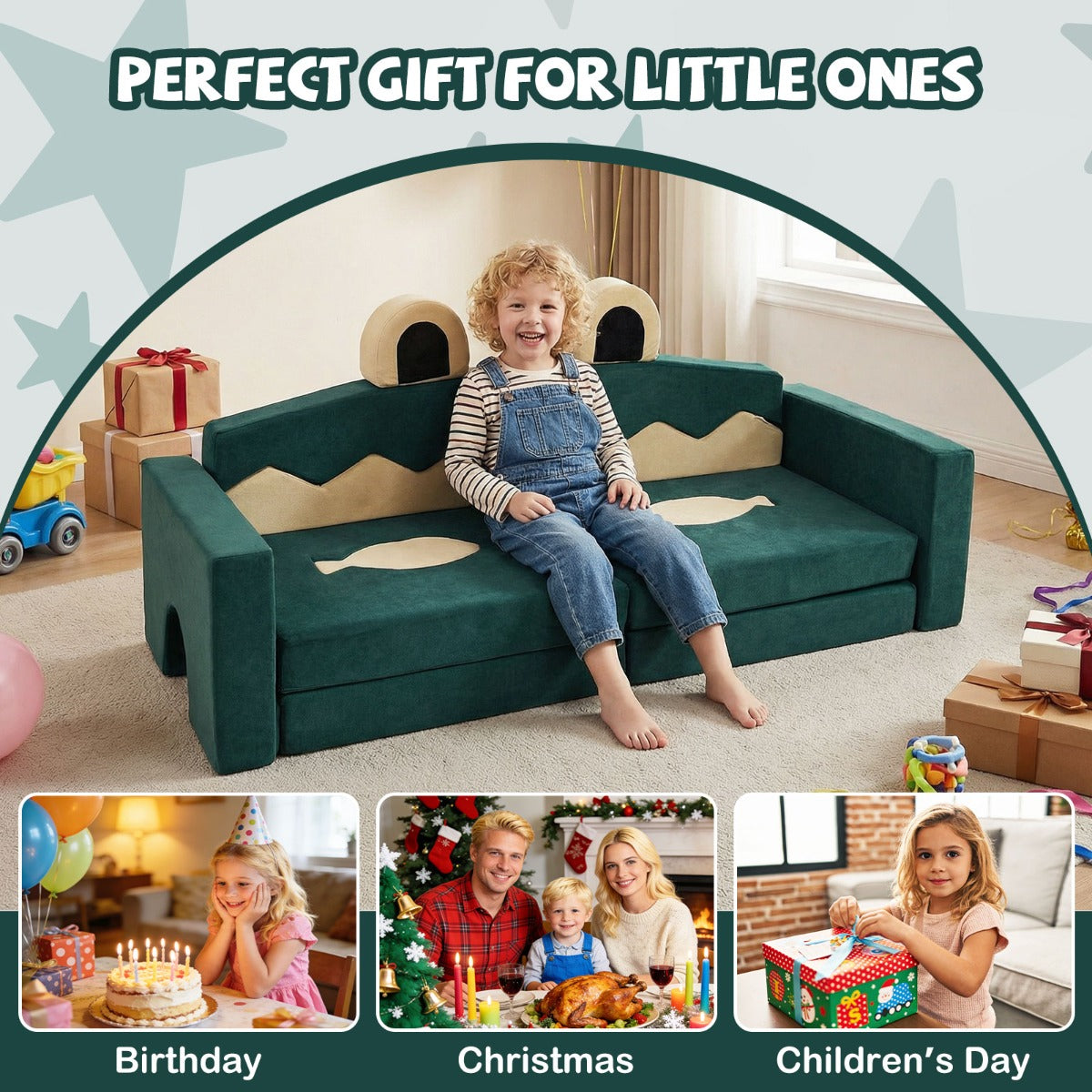 17 Piece Crocodile Green Modular Foam Couch | Kids Play Set