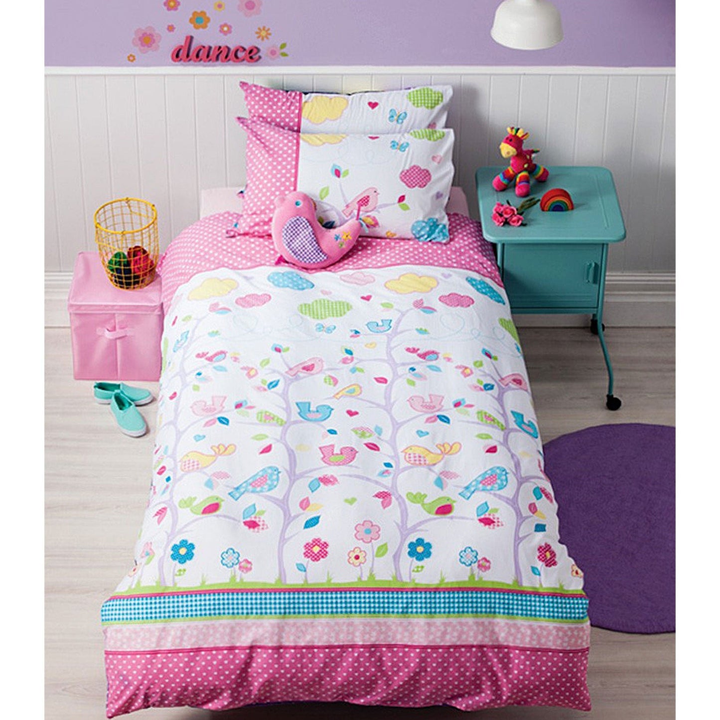 Reversible Birdie Tree Quilt Cover Set for Kids - Single Size Bedding - Fun, colorful design.