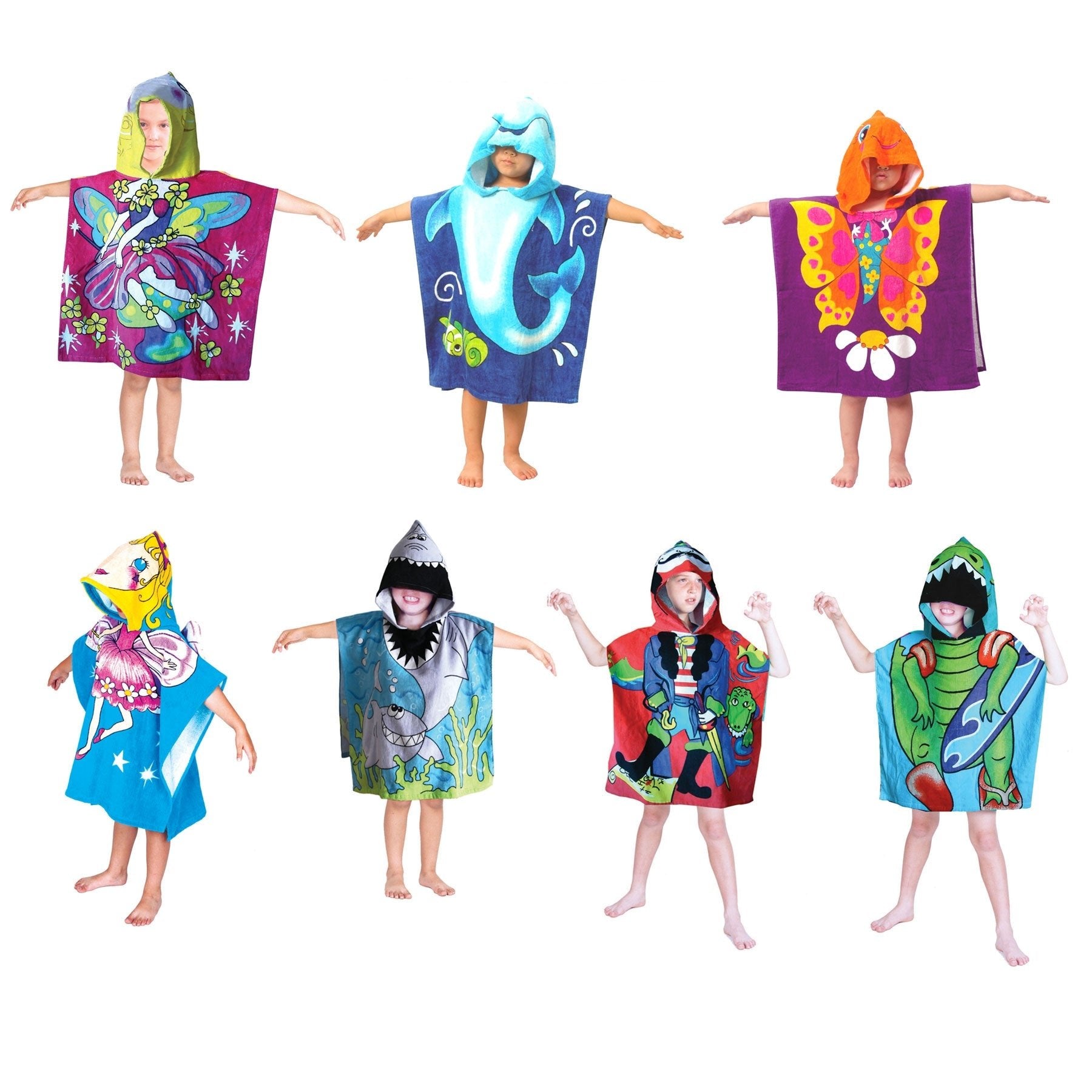 Kids hooded towel poncho featuring vibrant cartoon characters, perfect for cozy post-bath time.