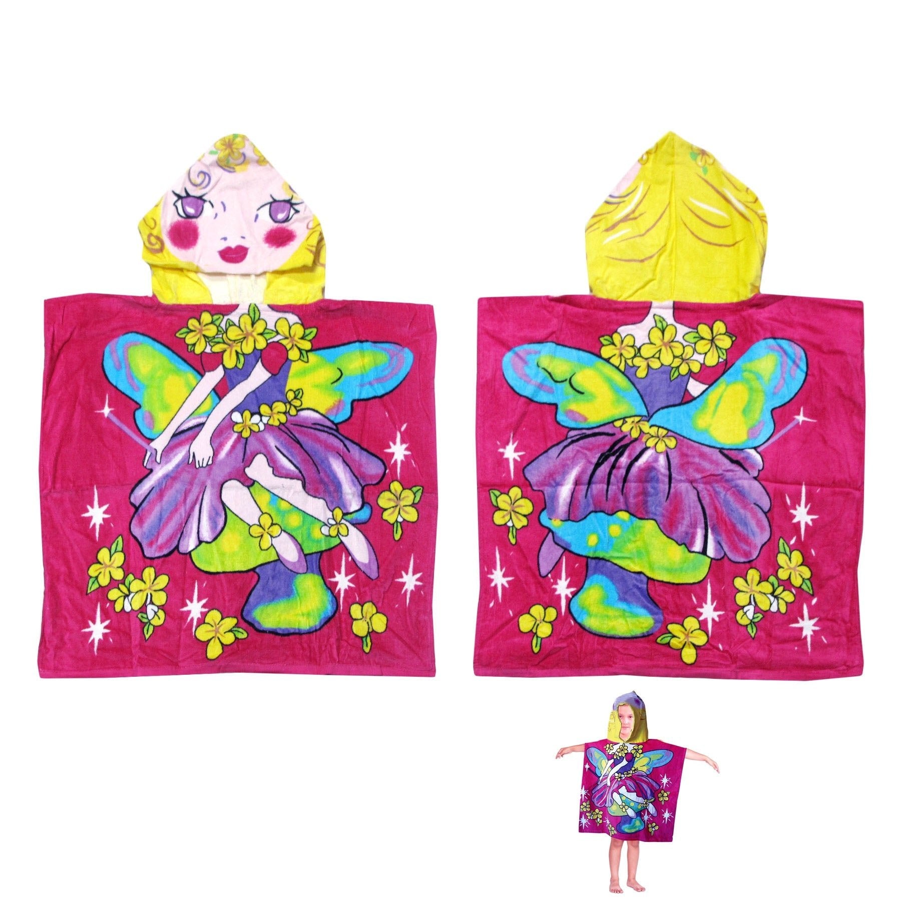 Kids hooded towel poncho with playful designs, perfect for bath time fun.