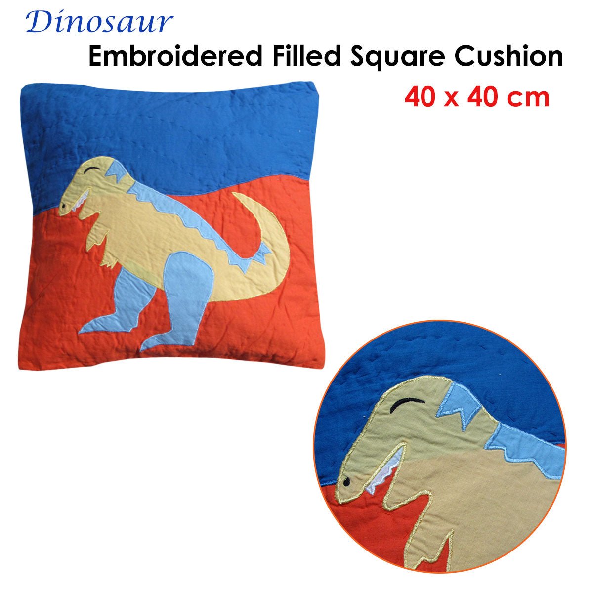 Dinosaur embroidered cotton cushion for kids, perfect for adding a playful touch to bedrooms.