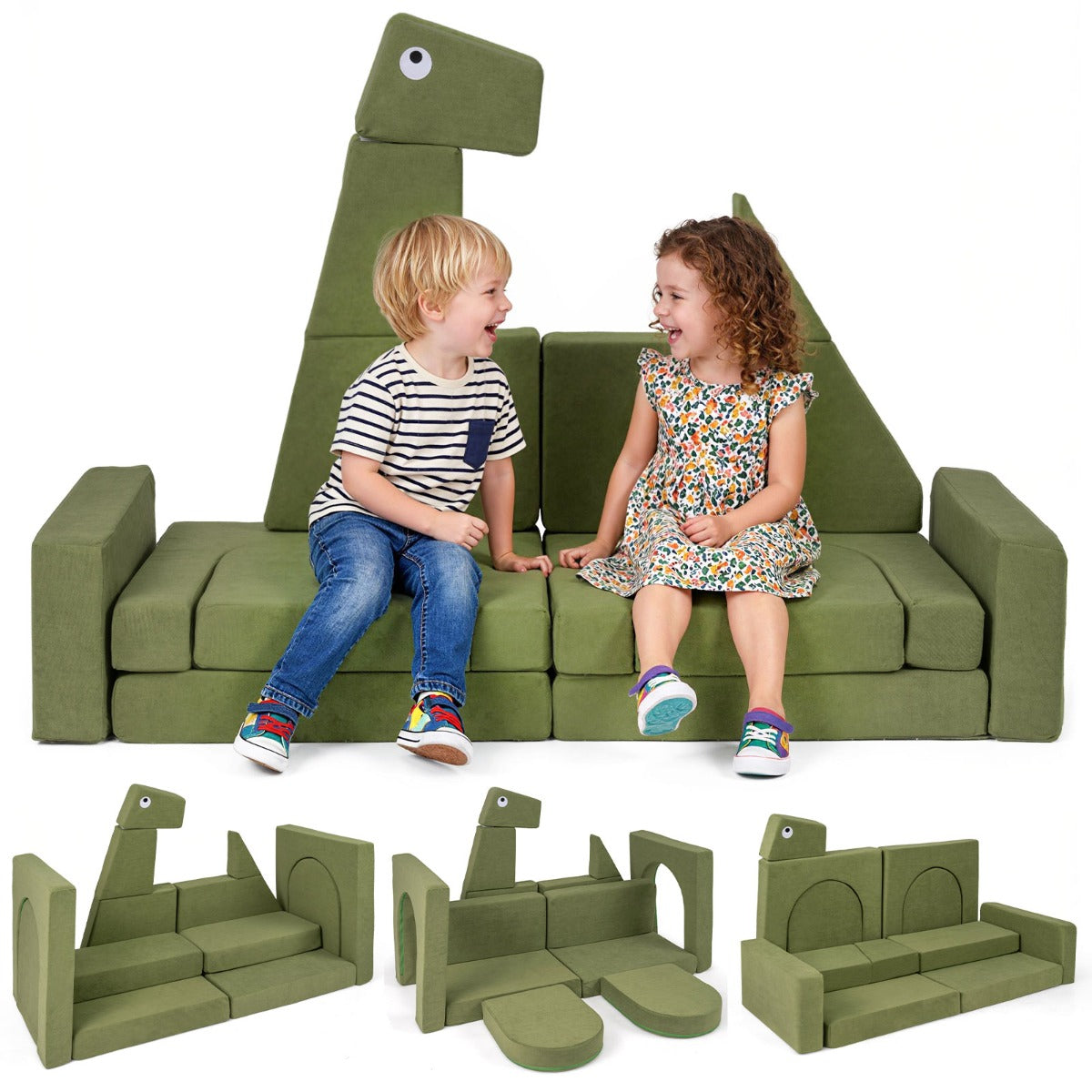 13 Piece Dinosaur Velvet Foam Building Fort | Modular Play Couch
