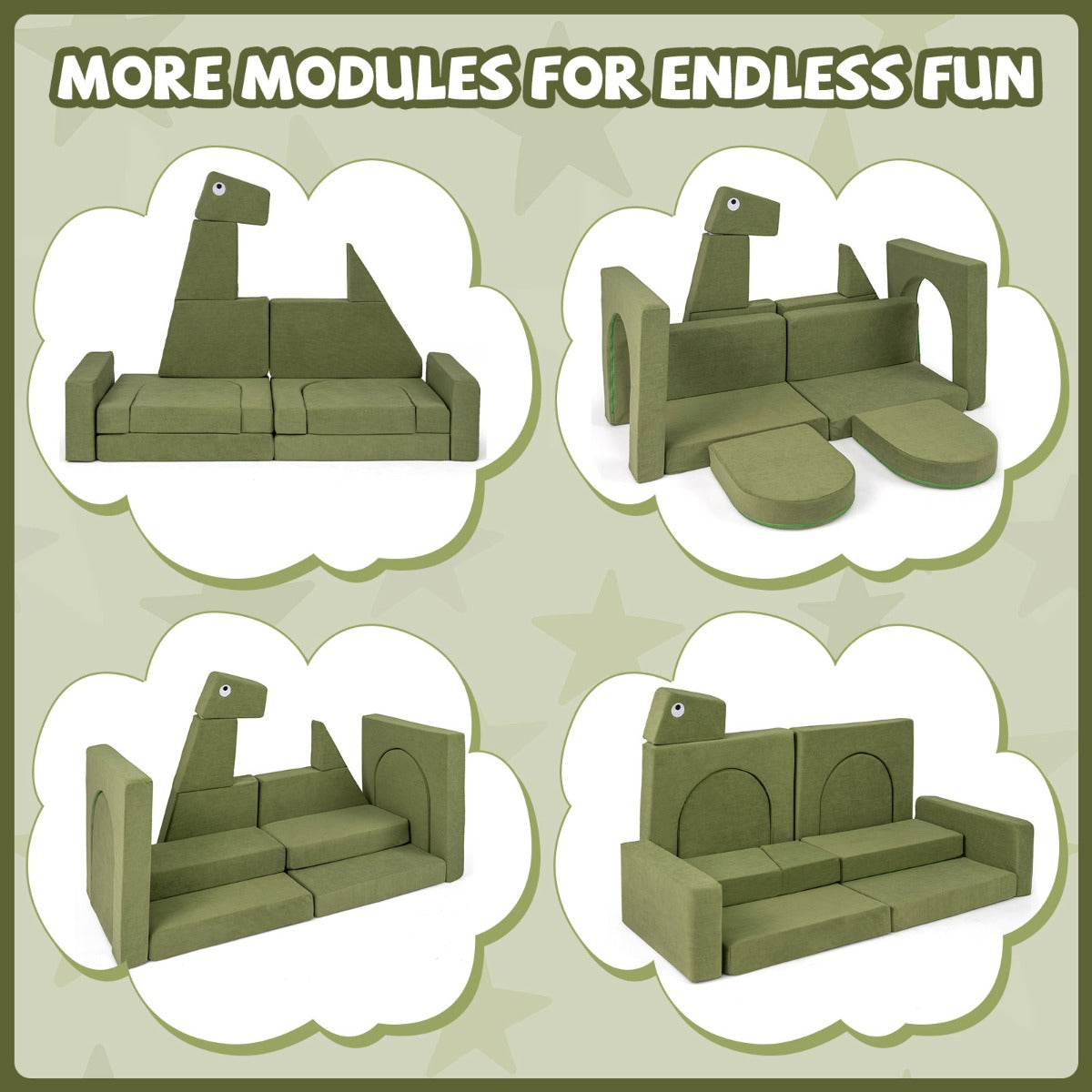 13 Piece Dinosaur Velvet Foam Building Fort | Modular Play Couch