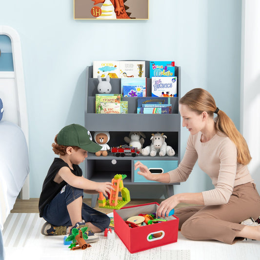 Kids grey bookshelf with drawers, ideal for simple organization and storage in childrens rooms.