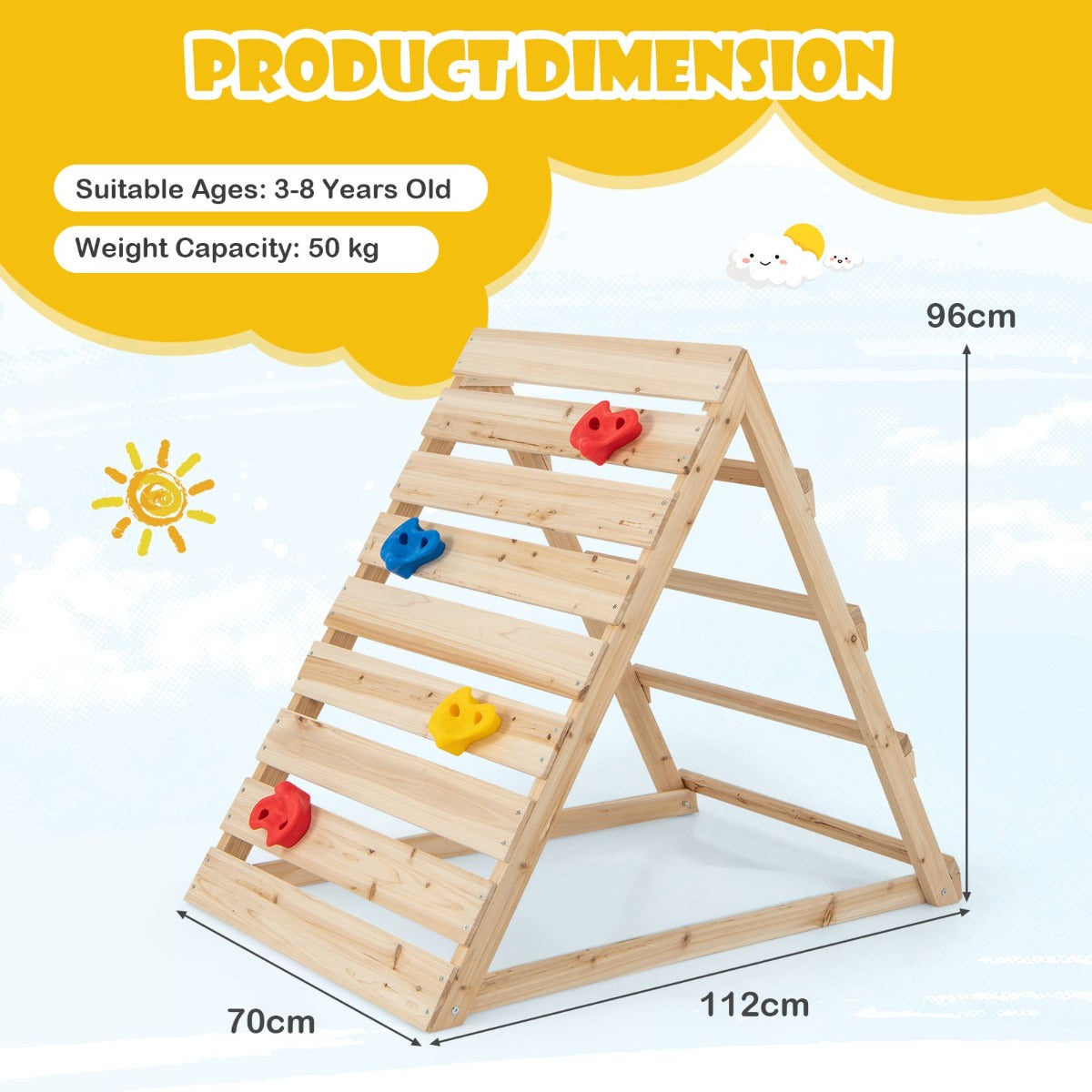 Triangle climber with ladder and wall for kids, suited for indoor/outdoor play.