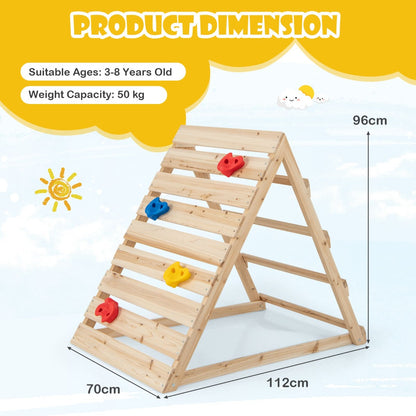 Triangle climber with ladder and wall for kids, suited for indoor/outdoor play.