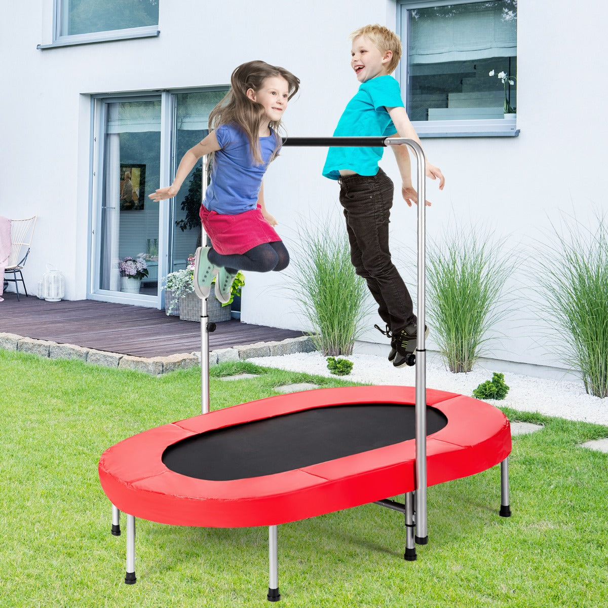 Oval Double Trampoline with Adjustable Handrail - Safe, sturdy design for kids at home.