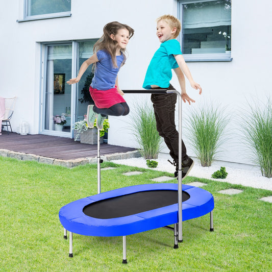 Oval dual-person trampoline with adjustable handle for kids and adults, perfect for indoor fun