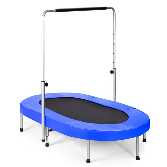 Oval dual-person trampoline with adjustable handle for kids and adults, ideal for home fun.