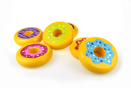 Wooden doughnut set for imaginative play, perfect for childrens pretend kitchen scenarios.