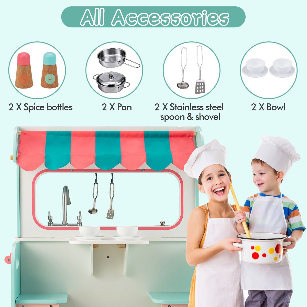 Kids playset with dual kitchen and diner role-play stations for interactive cooking fun.