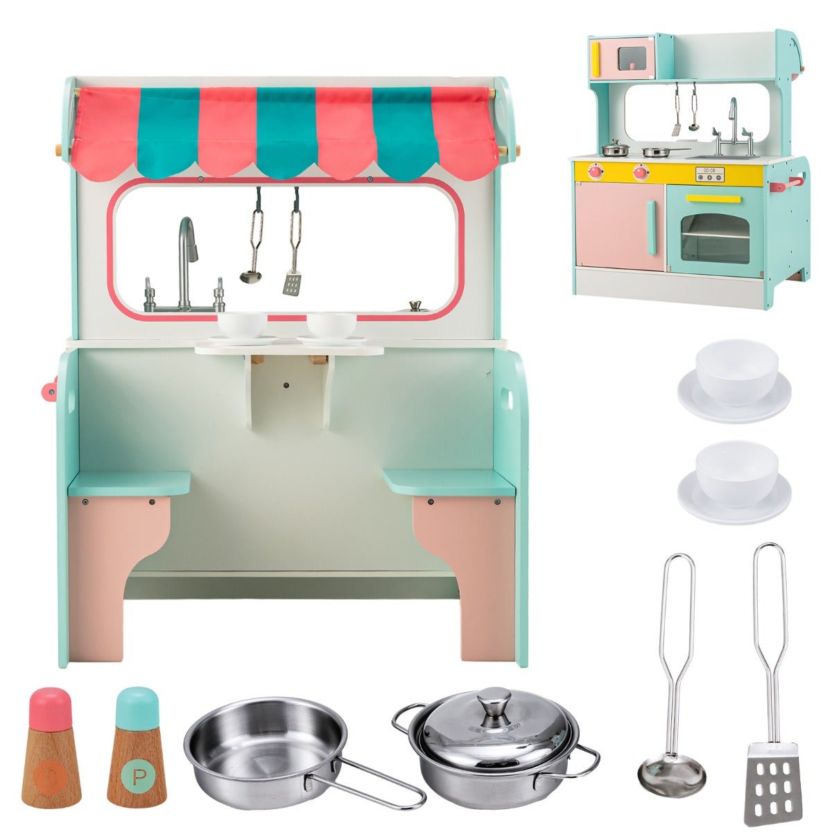 Dual kitchen and diner playset for interactive culinary fun for kids at home.