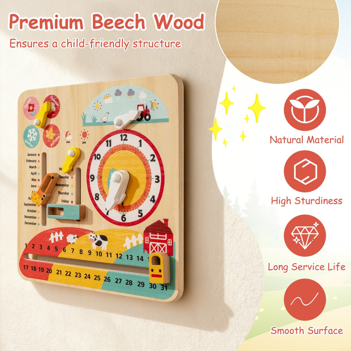 Multi-Color Beech Wood Clock | Seasons Weather Learning Toy