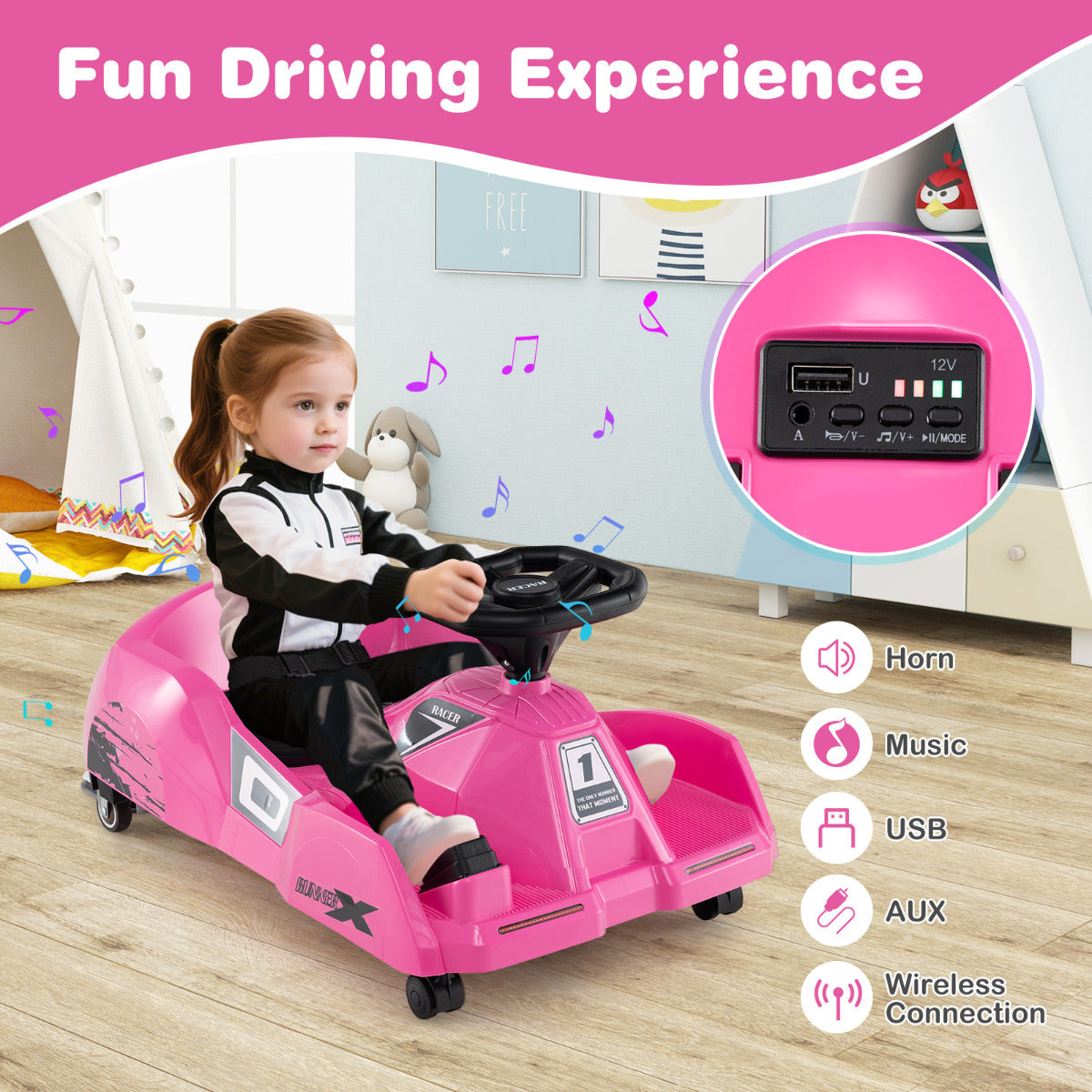 Pink Electric Go Kart 12V | Remote Control Ride On with Music