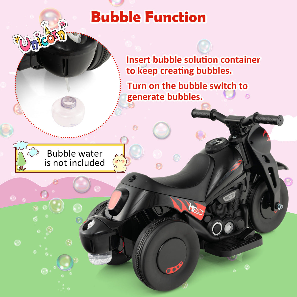 Black Kids Electric Ride On Motorcycle | Bubbles Music LED Light