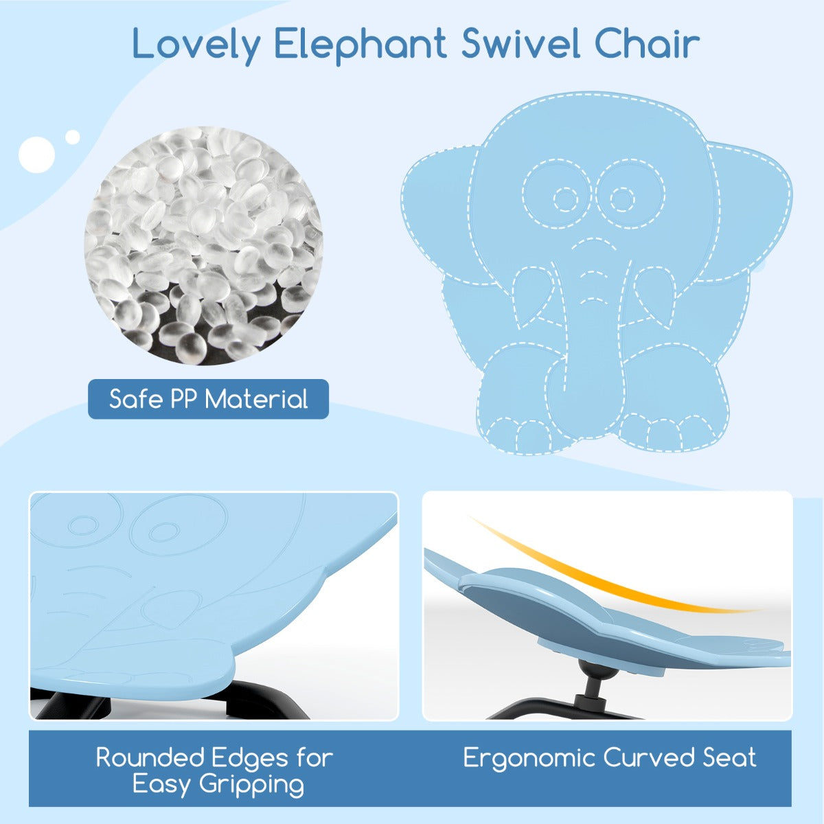 Kids Elephant Swivel Spinner Chair 360° Metal Base Blue