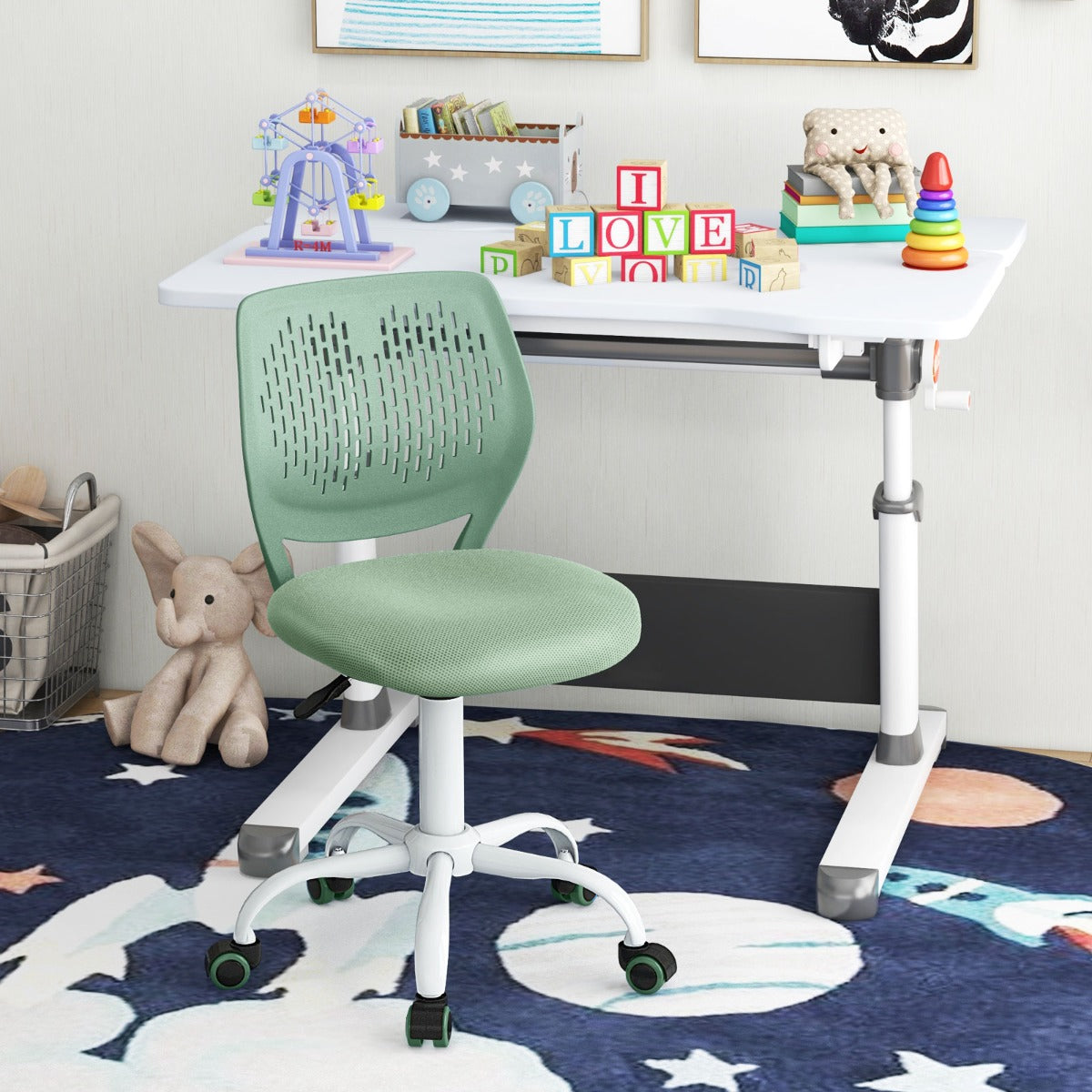 Costway Ergonomic Children Study Chair with Adjustable Height for Boys Girls Teens-Light Green