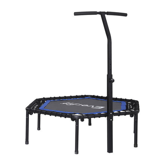 Everfit 48-inch hexagon trampoline with adjustable handrail in fun blue color for children.