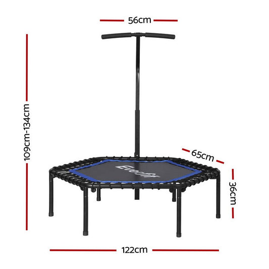 Blue hexagon trampoline with adjustable handrail for childrens active indoor play at home.