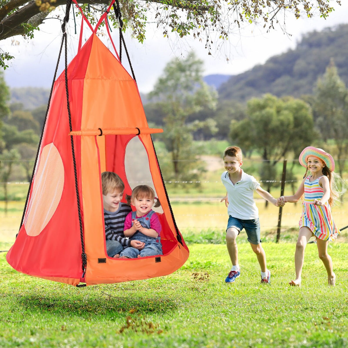 Costway 2 in 1 Tree Tent Swing Set with Adjustable Hanging Ropes