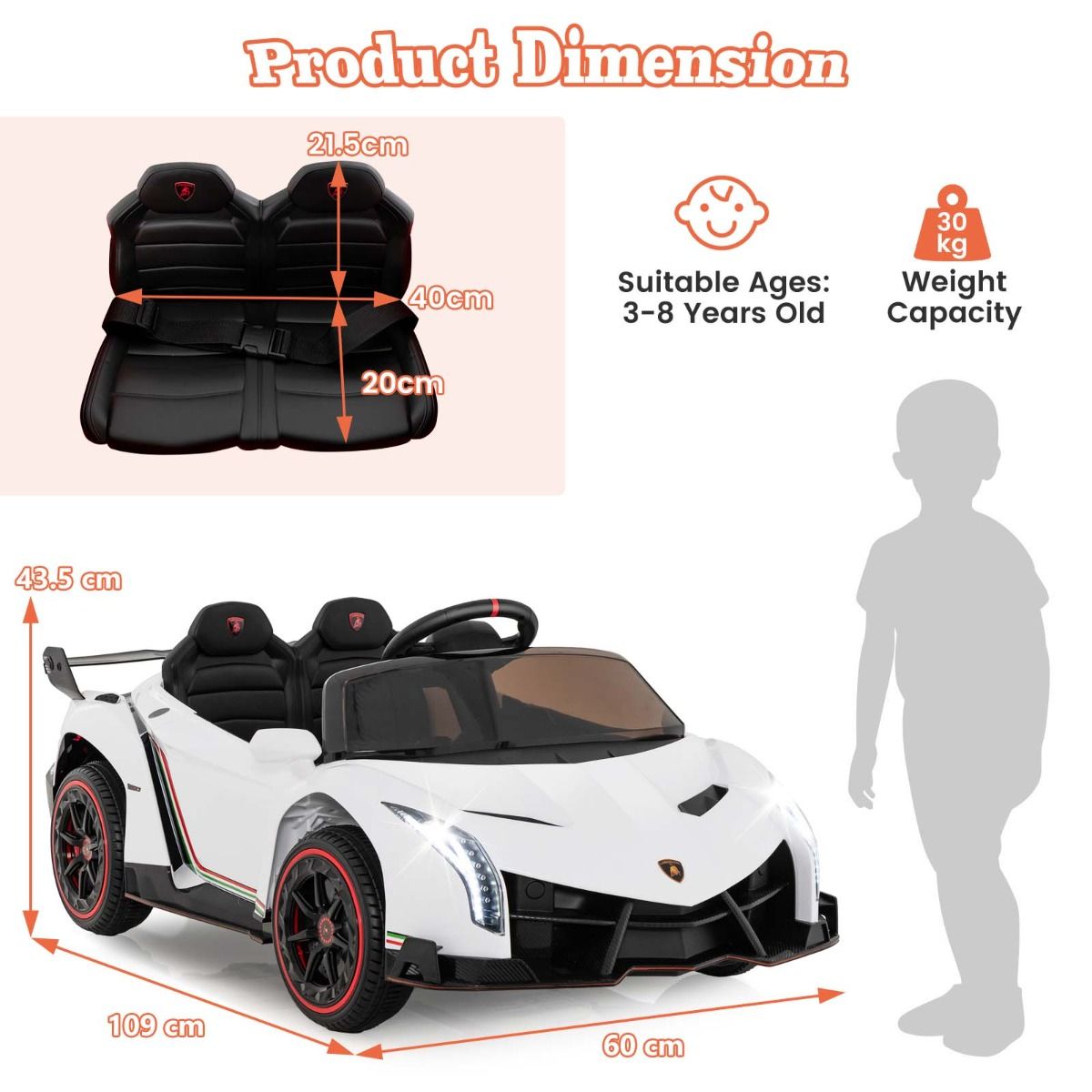 White Lamborghini kids electric ride-on car with 4WD, offering realistic luxury driving experience for young enthusiasts.