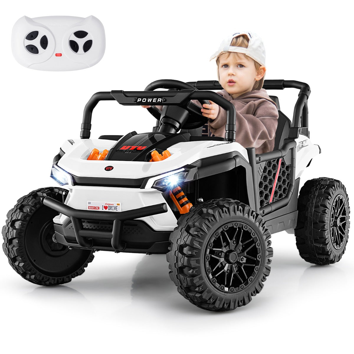 White electric ride-on car for children with remote control and three-speed options offers safe, adjustable fun.