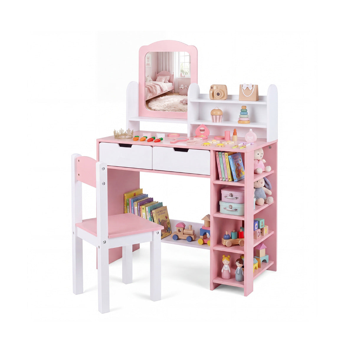 White & Pink Princess Vanity Set With Mirror and Chair | Girls