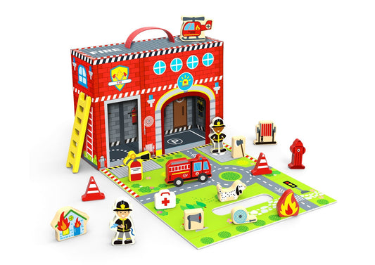 Colorful fire station toy box for imaginative play, perfect for organizing kids toys.