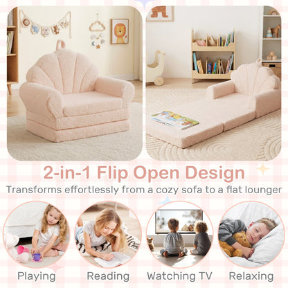2 In 1 Kids Flip Out Sofa | Teddy Fleece Beige Lounger