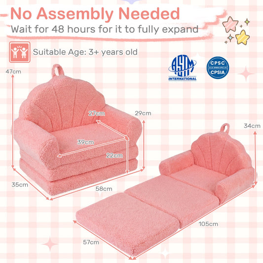 2 In 1 Kids Flip Out Sofa | Teddy Fleece Cover | Pink