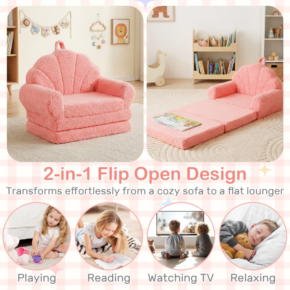 2 In 1 Kids Flip Out Sofa | Teddy Fleece Cover | Pink