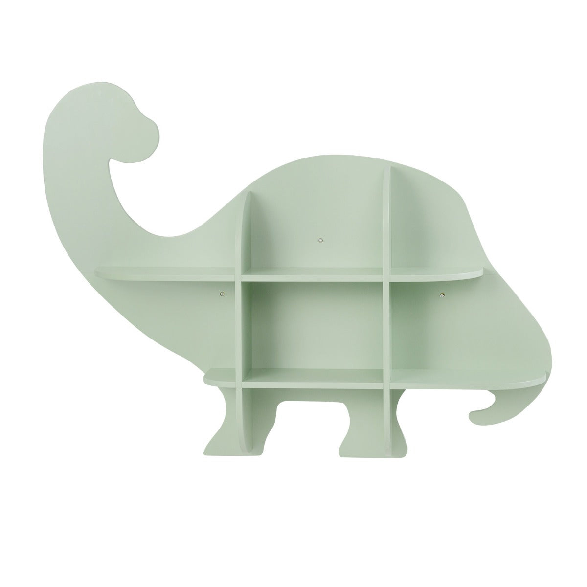 Two-tier green dinosaur-shaped floating bookshelf adds whimsical storage to walls for books and decor.