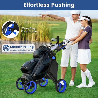 Folding 4 Wheel Golf Push Cart with Cooler Bag and Ample Storage Space-Blue